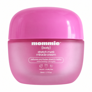 Mommie Stretch Mark Miracle Cream pink jar on a white background